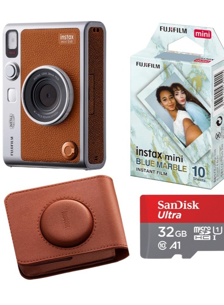 إنستاكس مجموعة كاميرا EVO Brown الفورية مع حافظة بنية اللون، وبطاقة ذاكرة SD سعة 32 جيجابايت، وفيلم Instax Mini Blue Marble - 10 ورقات - Image 1